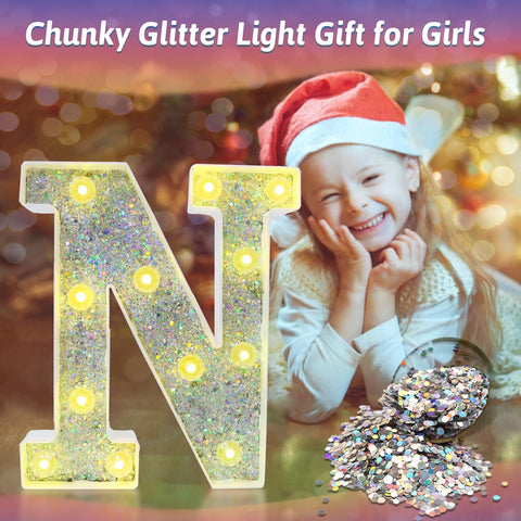 N Style Color Changing LED Letter Light, Glitter Marquee Lamp with 18 Colors, Remote Controlled, Battery Powered Decorative Letter Light for Party, Wedding, Birthday and Home Decor