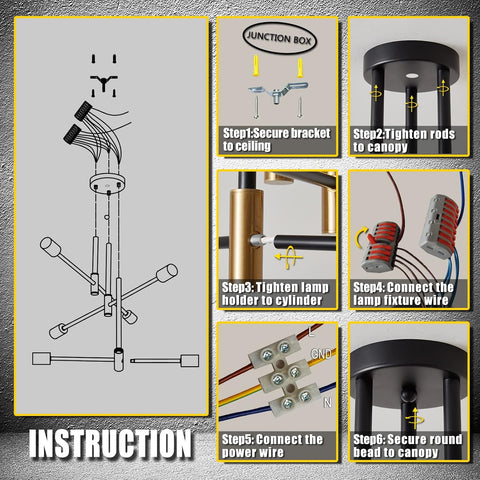 Step-by-step installation instructions for a ceiling light fixture on a gray background.