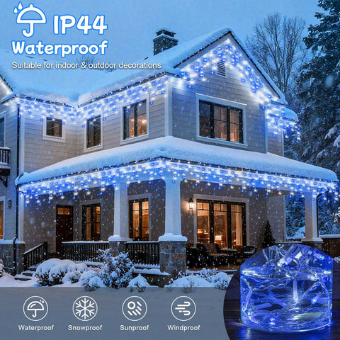 20M Blue White Icicle Lights Outdoor – 480 LED Waterproof Fairy Lights with Timer
