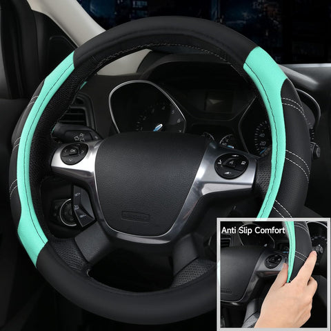 CAR PASS Leather Steering Wheel Cover and Waterproof Car Floor Mats Combo