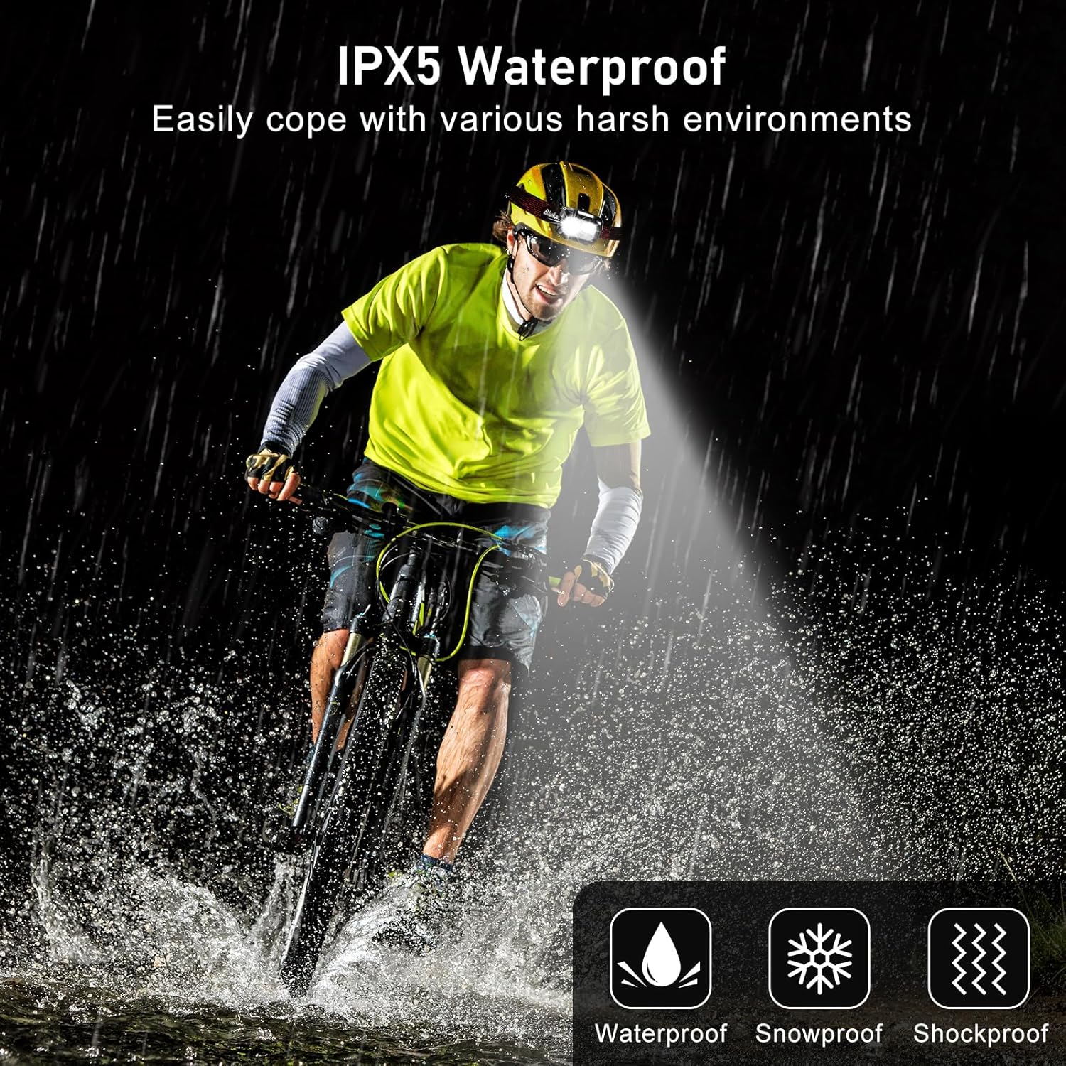 Person cycling through water with text about IPX5 waterproof feature
