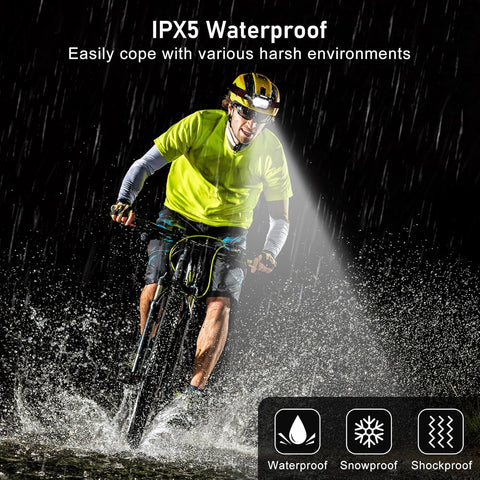 Person cycling through water with text about IPX5 waterproof feature