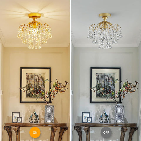 Two views of a chandelier in a room with a table and decorative items.