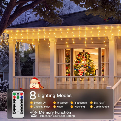 Guhope Outdoor Christmas Icicle Lights 8M 204 LED Warm White Fairy Lights with Remote, Timer & 8 Modes – Create a Cosy Christmas Roofline That Glows All Evening