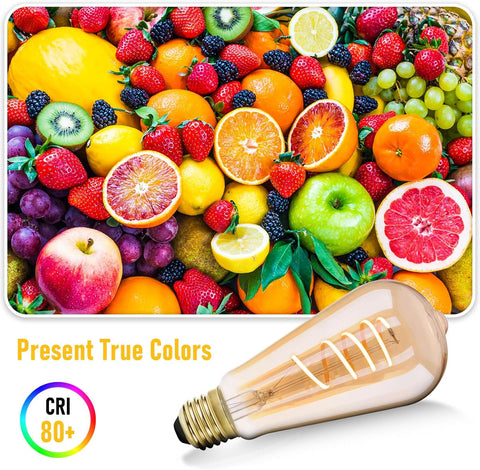 Colorful fruits and a light bulb with 'Present True Colors' text and CRI 80+ logo.