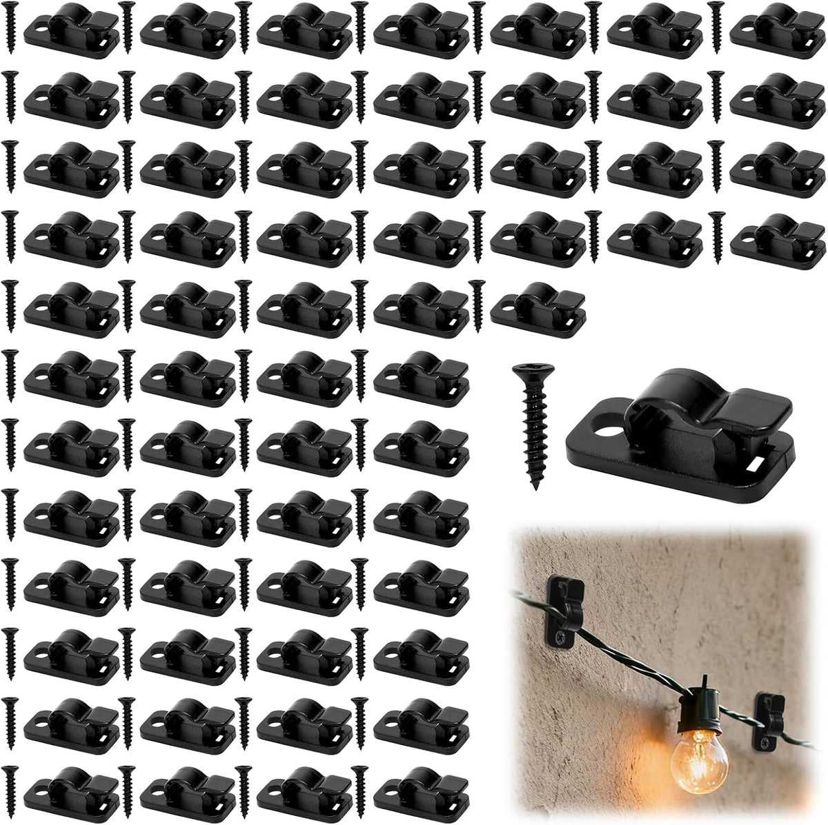 60 Pcs Outdoor Light Clips for String Lights – Black Screw-In Fairy Light Hooks for Christmas, Patio & Garden – Keep Every Light Exactly Where You Want It