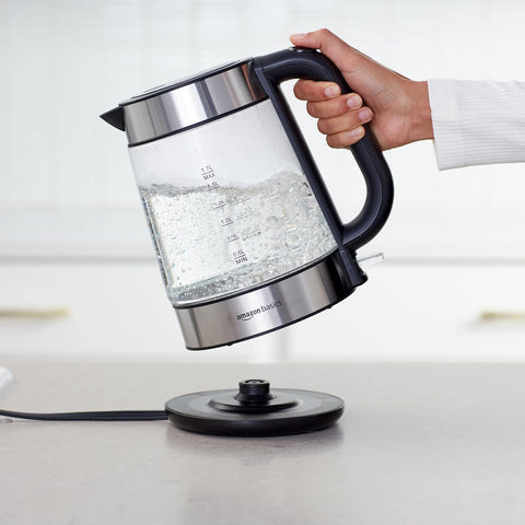 Amazon Basics 1.7L Electric Glass Kettle – Fast Boil 2200W, LED Illumination, Auto Shut-Off, Cordless Design – Black/Silver