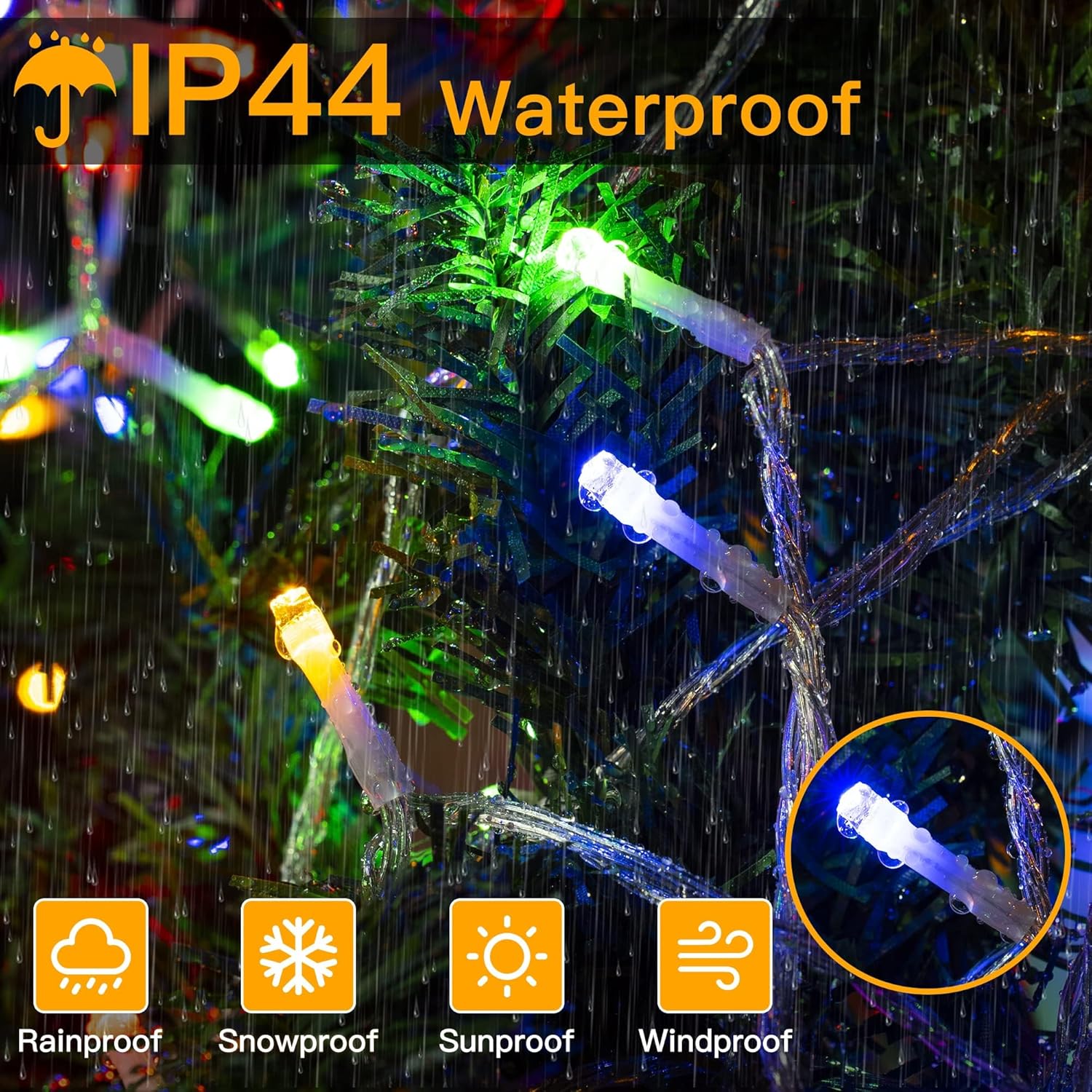 String lights with IP44 waterproof label on a rainy day background