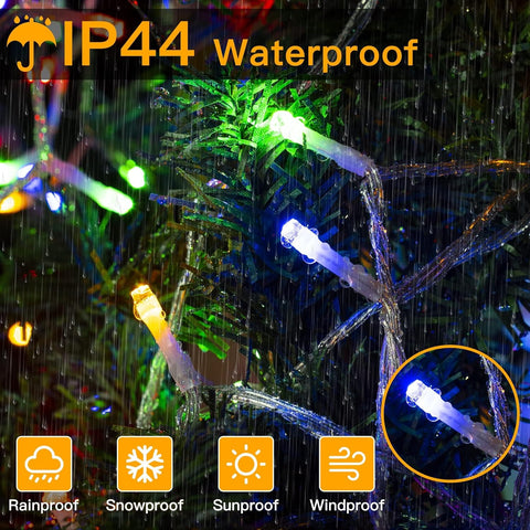 String lights with IP44 waterproof label on a rainy day background