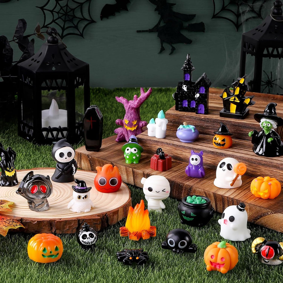 50PCS Halloween Mini Resin Figurines – 50 Styles of Tiny Pumpkin, Ghost, Skull & Skeleton Decorations for DIY Crafts, Miniature Gardens & Party Décor
