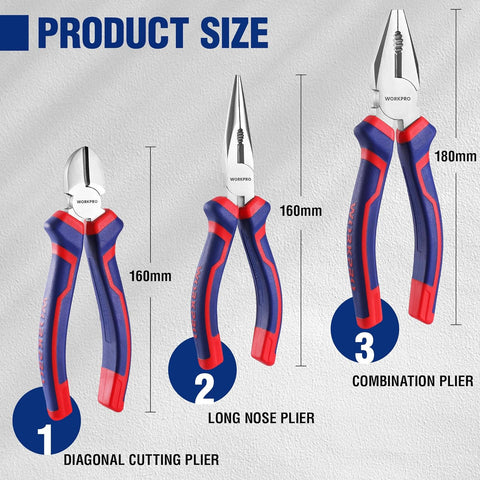 WORKPRO 3 Piece Pliers Set Carbon Steel Soft Grip