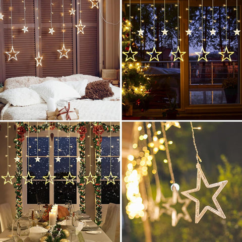 Jsdoin Christmas LED Star Curtain Lights – 12 Stars 138 Warm White String Lights with Remote Control