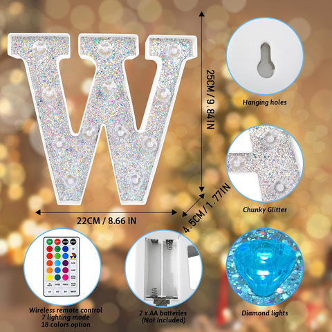 W Style Color Changing LED Letter Light, Glitter Marquee Lamp with 18 Colors, Remote Controlled, Battery Powered Decorative Letter Light for Party, Wedding, Birthday and Home Decor