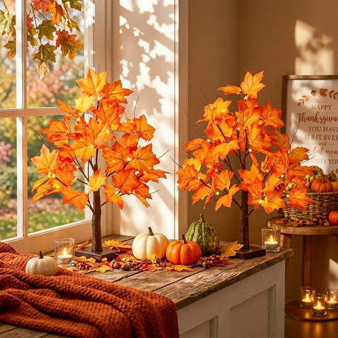 2 Pack 22" Lighted Maple Tree Fall Decor, Fall Tree with Lights Thanksgiving Decorations,24 LED Artificial Tree Battery Operated Centerpiece Table Decorations for Home Party Autumn Decor