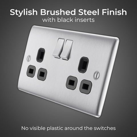 Double Switched 13A Power Socket – Brushed Steel