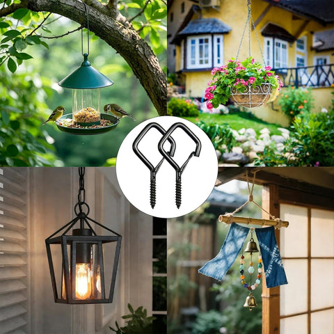 Heavy Duty Screw In Hooks with Safety Buckle, 2.2 IN Black Ceiling Hooks for Hanging Plants & Outdoor String Lights, Windproof Eye Hooks for Christmas Lights, Cups & Bird Feeders – 34 Pack