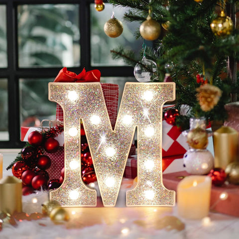 Silver Glitter LED Letter M – 8.86 Inch Marquee Light