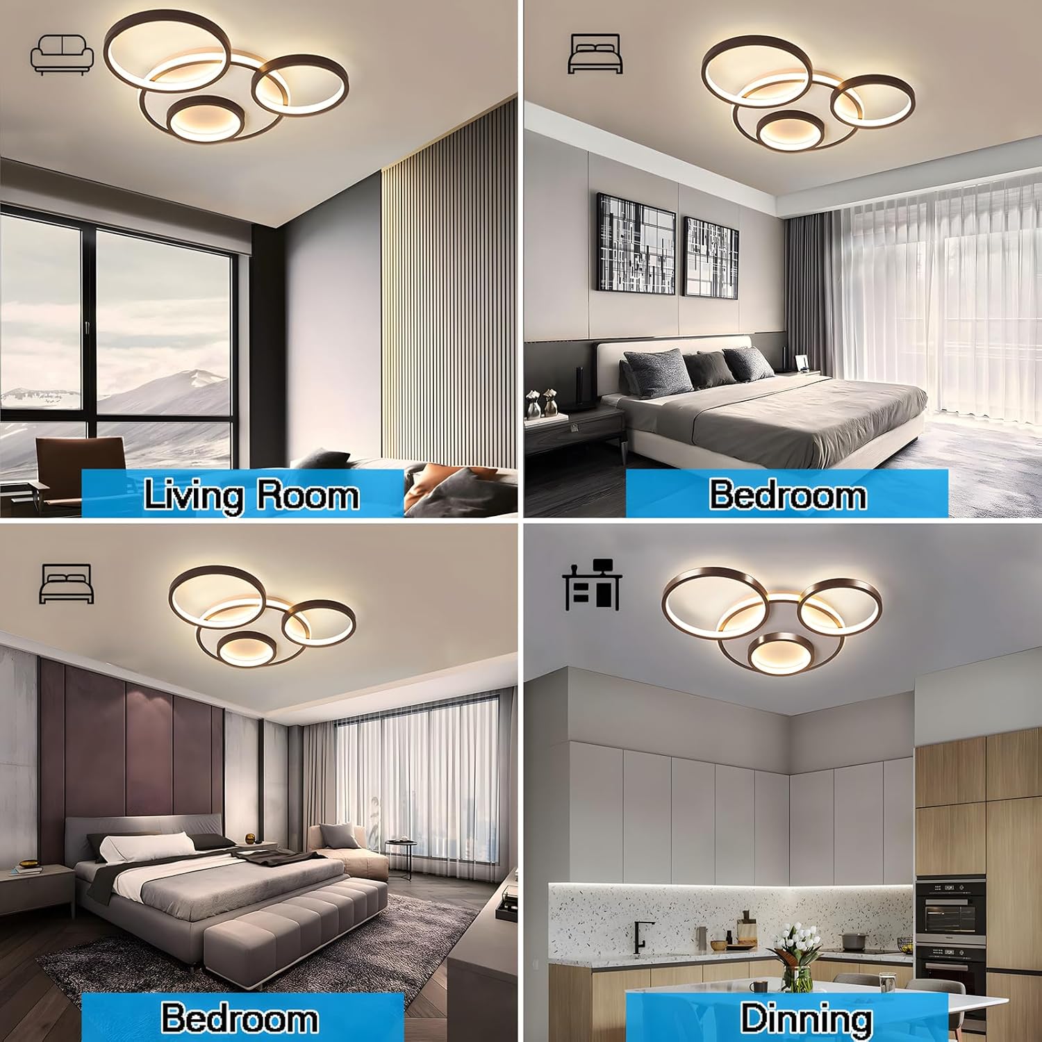 Ceiling light fixture in various rooms including living room, bedroom, and dining area.