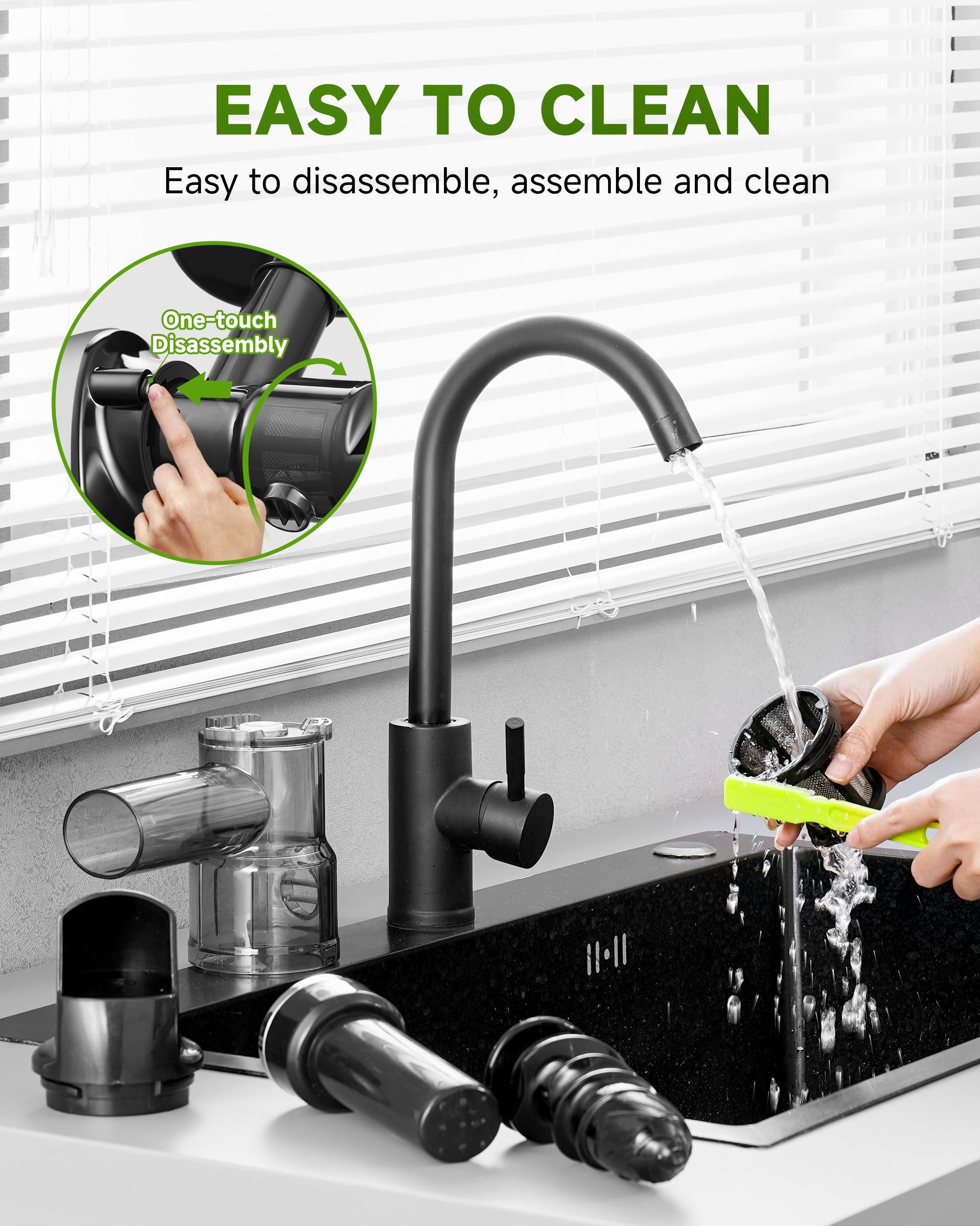 AMZCHEF Juicer Machines - Cold Press Slow Juicer - Masticating Juicer for Whole Fruits and Vegetables - Delicate Chew No Need to Filter - BPA Free Juice Extractor with 2 Cups and Brush - Black