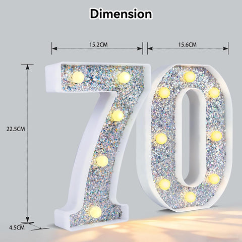 Silver Glitter Light up Numbers,8.86 Inch Marquee Number Lights for Baby Shower Birthday Wedding Anniversary Party Home Wall Decorations, Lighted Numbers as Gift for Girls Daughter, Number 70
