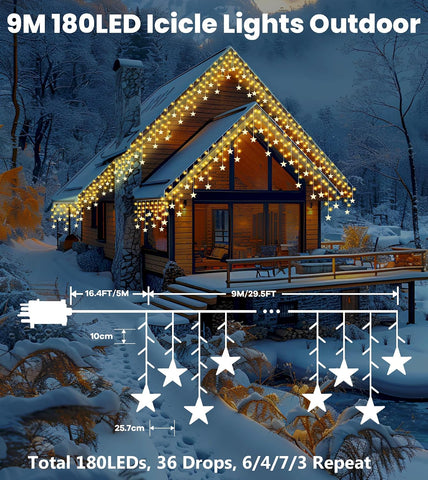 ULIGHTOWN 9M Star Icicle Outdoor Christmas Lights – 180 Warm White LEDs, 8 Modes, Timer & IP44 Water Resistant for Eaves, Windows & Festive Decor - Turn Your Home Into a Little Winter Wonderland