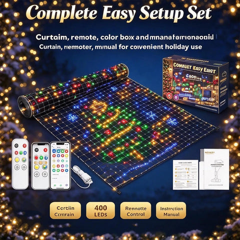 Christmas LED House Net Lights 1x1m – 400 RGB Outdoor Curtain Lights with Remote, Timer & Dynamic Effects – Turn Your Home into a Colourful Christmas Wonderland