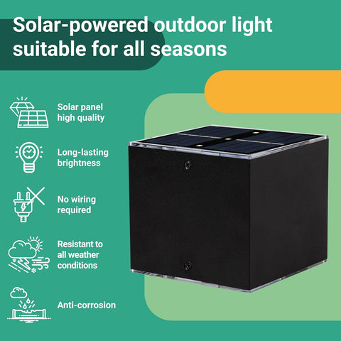 Solar-powered outdoor light with features listed on a green background