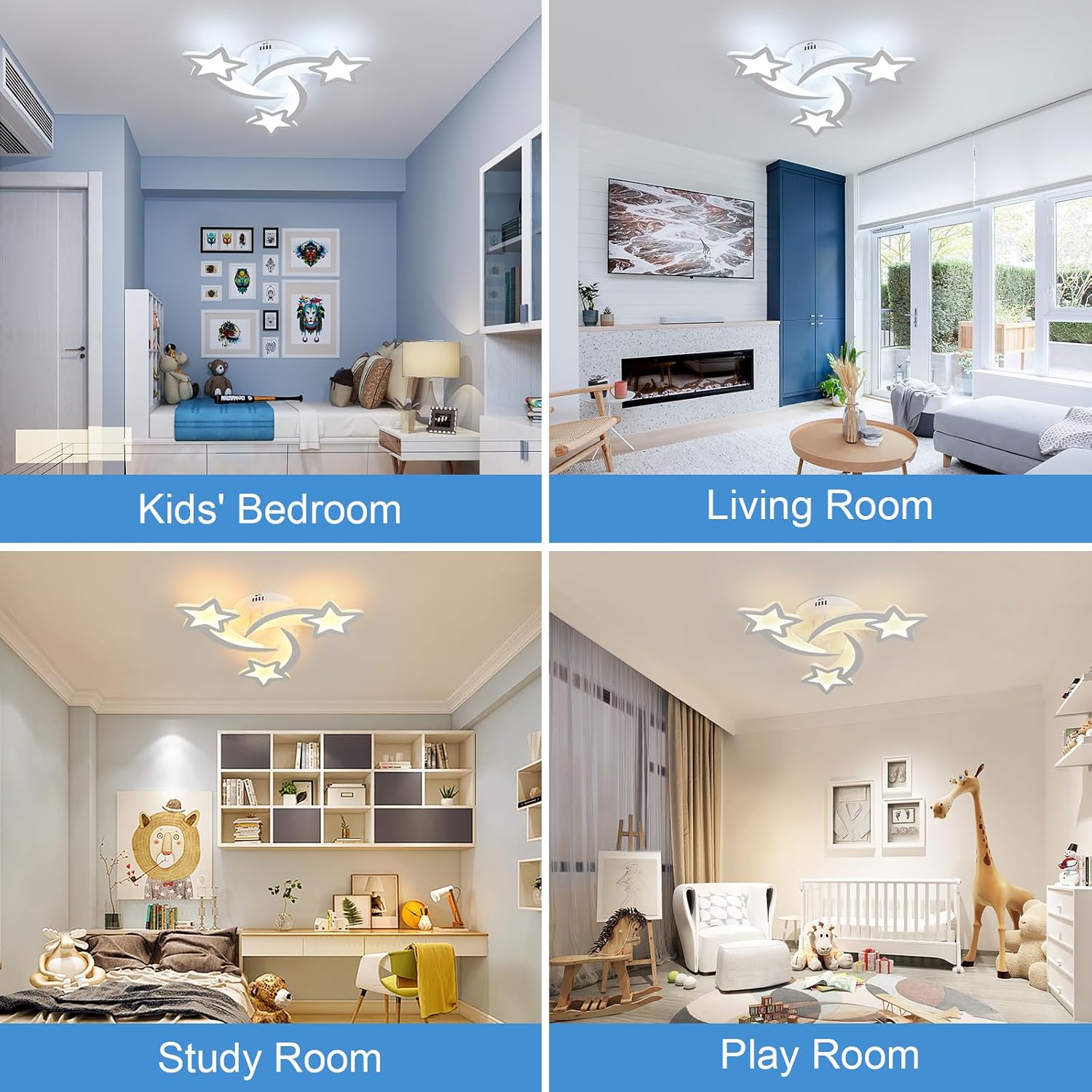 Ceiling light fixture in various rooms including a kids' bedroom, living room, study room, and play room.