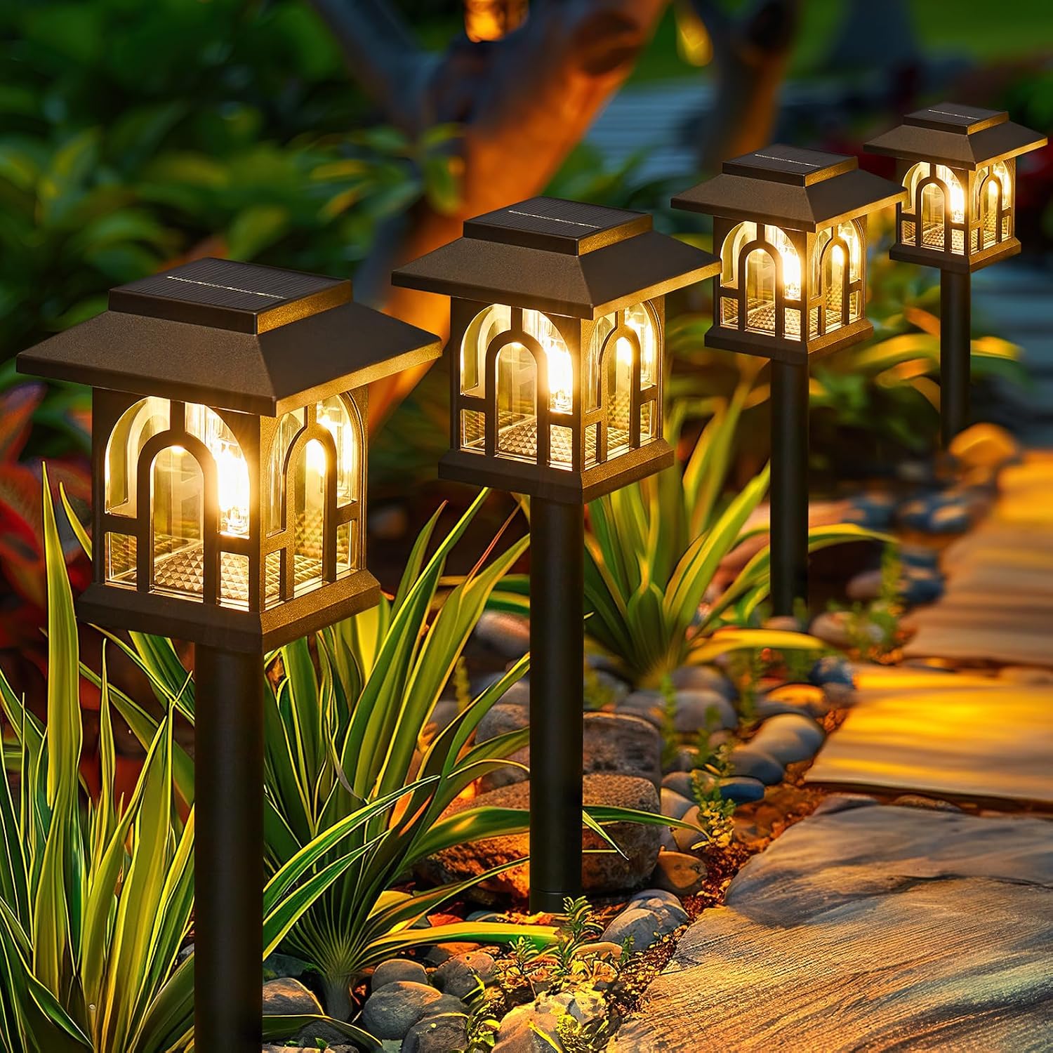 BUCASA 6 Pack Garden Lights Solar Powered Waterproof with Warm White Light