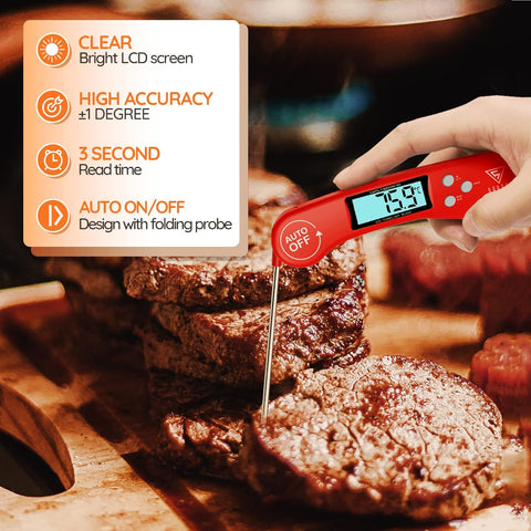Digital Instant Read Meat Thermometer Red – Ultra Fast, Backlit, Foldable Probe
