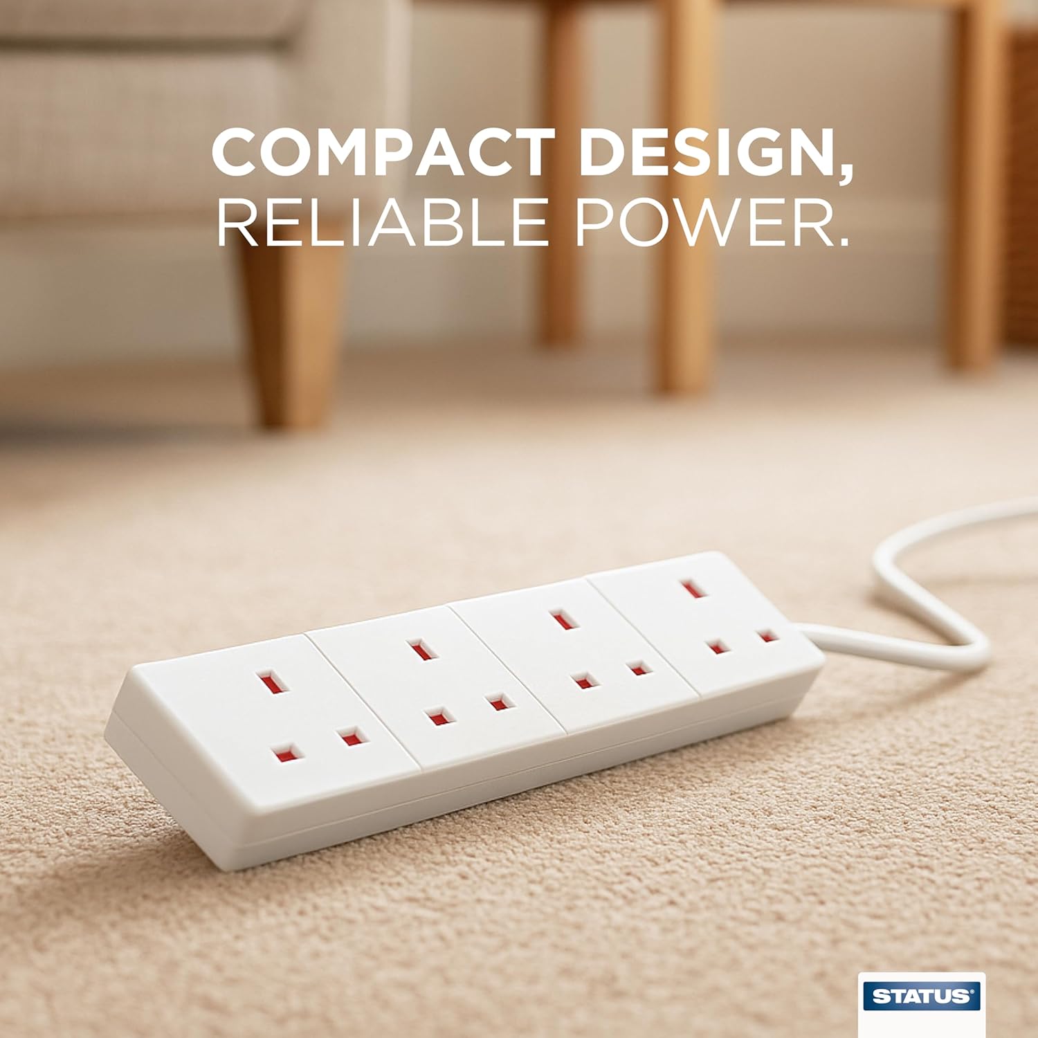 White power strip on a carpeted floor with 'Status' branding.
