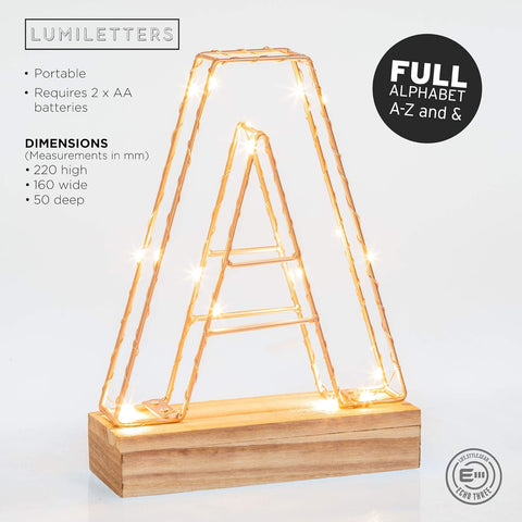 LED Wire Frame Letter E – Rose Gold Copper – Battery Powered