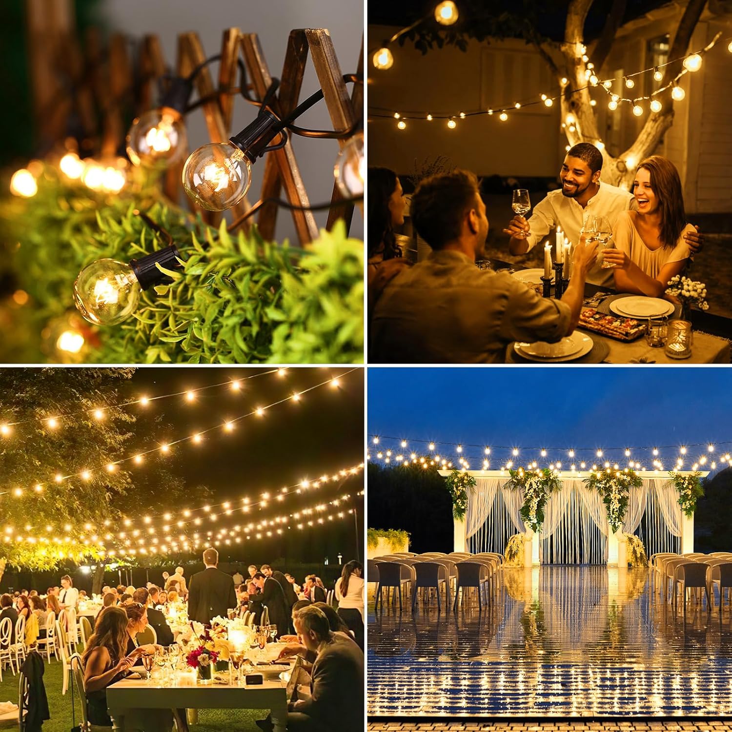Collage of outdoor evening events with string lights and people dining.