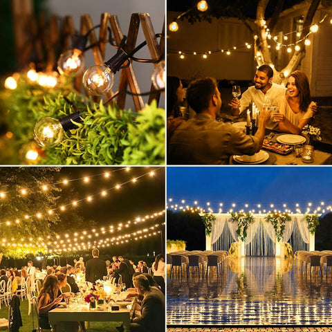 Collage of outdoor evening events with string lights and people dining.