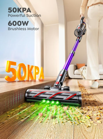 Cordless Vacuum Cleaner 600W 50KPA Stick Hoover with Touch Screen, 65Min Runtime, Wall Mount Rechargeable Lightweight for Pet Hair & Carpet