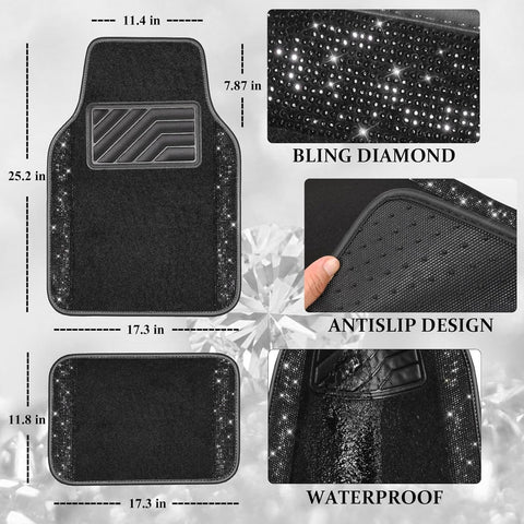 Bling Diamond Car Floor Mats 4pcs Universal Waterproof Black