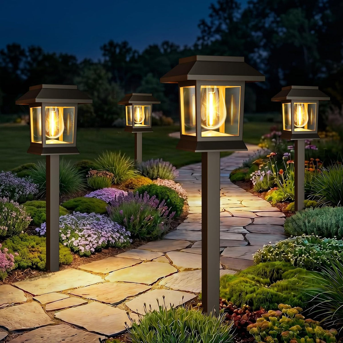 nipify Solar Lights Outdoor Garden, 4 Packs Solar Stakes Lights, Garden Lights Solar Powered Waterproof, Auto On/Off Solar Path Lights for Pathway Yard Patio Landscape