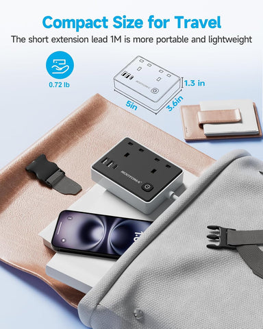Black 1M Extension Lead with 2 Sockets, 3 USB Ports & Surge Protection – Keep Your Everyday Essentials Powered Without the Socket Shuffle