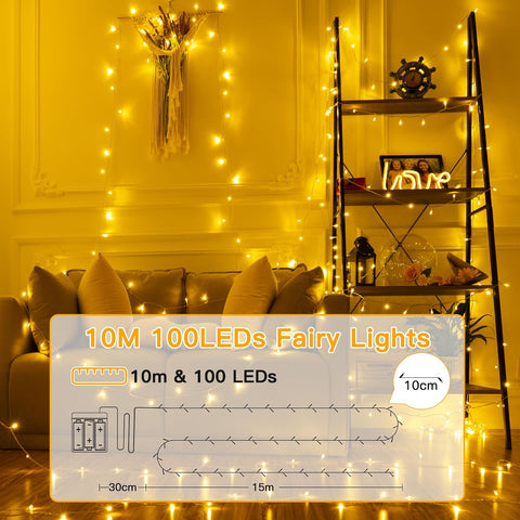 Ollny Fairy Lights Battery Operated, 10m 100 LED Warm White String Lights – Waterproof Indoor & Outdoor Christmas Lights with 8 Modes & 6-Hour Timer