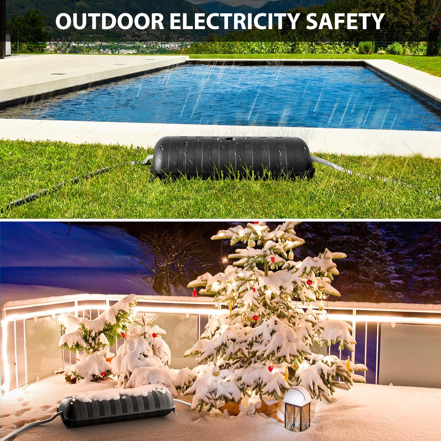 Electricity safety equipment near a pool and Christmas lights on a snowy deck.