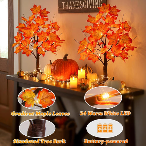 2 Pack 22" Lighted Maple Tree Fall Decor, Fall Tree with Lights Thanksgiving Decorations,24 LED Artificial Tree Battery Operated Centerpiece Table Decorations for Home Party Autumn Decor