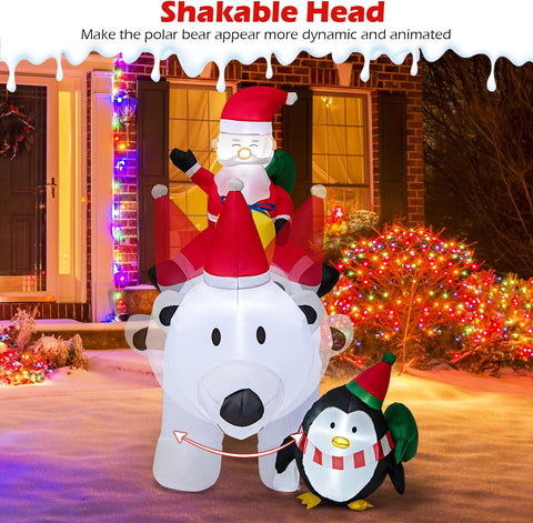 210CM Inflatable Christmas Polar Bear with Santa & Penguin – White