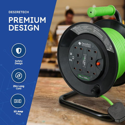 4 Socket 25m Cable Reel Extension Lead with Thermal Cut Out Green