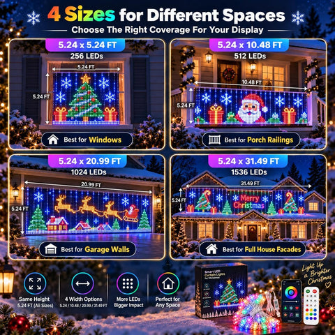 Smart LED Curtain Lights Christmas – RGB Outdoor Curtain Fairy Lights with Bluetooth App, Remote Control & IP65 Weather Resistance - Turn a Plain Wall Into a Festive Light Show