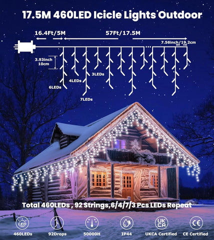 LITOHOM Icicle Outdoor Christmas Lights 460 LEDs 17.5M Cool White Waterproof