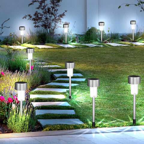 Jsdoin 12PCS Solar Garden Lights, Garden Stake Light Stainless Steel LED Solar Lights Waterproof Auto On-Off Pathway Lighting for Walkway, Patio, Outdoor, Lawn, Driveway