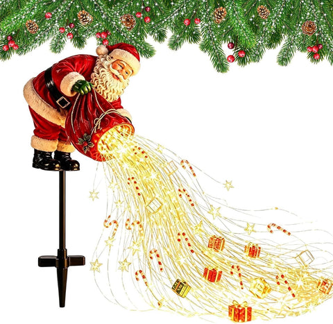 Solar Christmas Lights, Santa Garden Stake, Flowing LED Strings, with