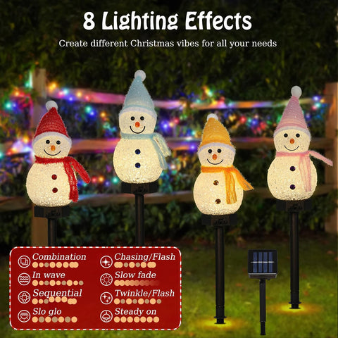 Lewondr Snowman Christmas Decorations Lights, 4PCS Solar Lighted Snowman with Garden Stakes, Waterproof Garden Lawn Pathway with 8 Lighting Modes, Solar Christmas Lights Decor for Yard Outdoor