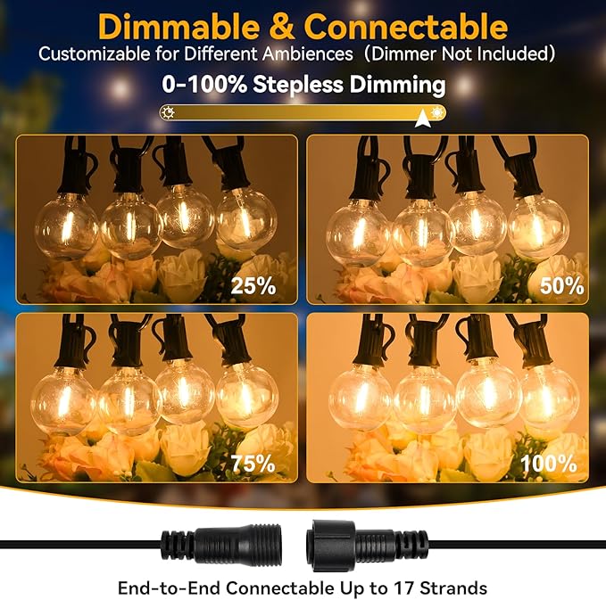 Outdoor String Lights 150FT /45.7M Festoon Patio Lights Outside Led G40 Lighting Waterproof Mains Powered with 75+3 Shatterproof Globe Bulbs Connectable for Garden Wedding Balcony
