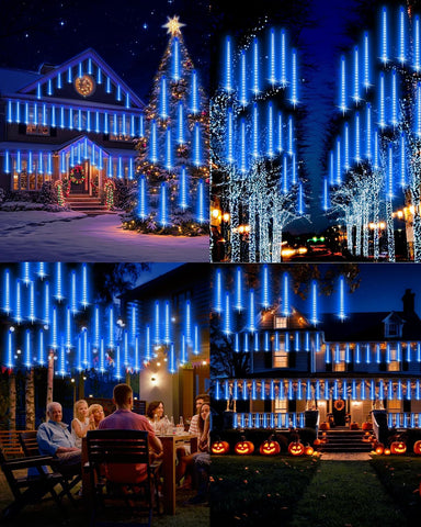 Blue Meteor Shower Christmas Lights Outdoor 576 LED 16 Tubes